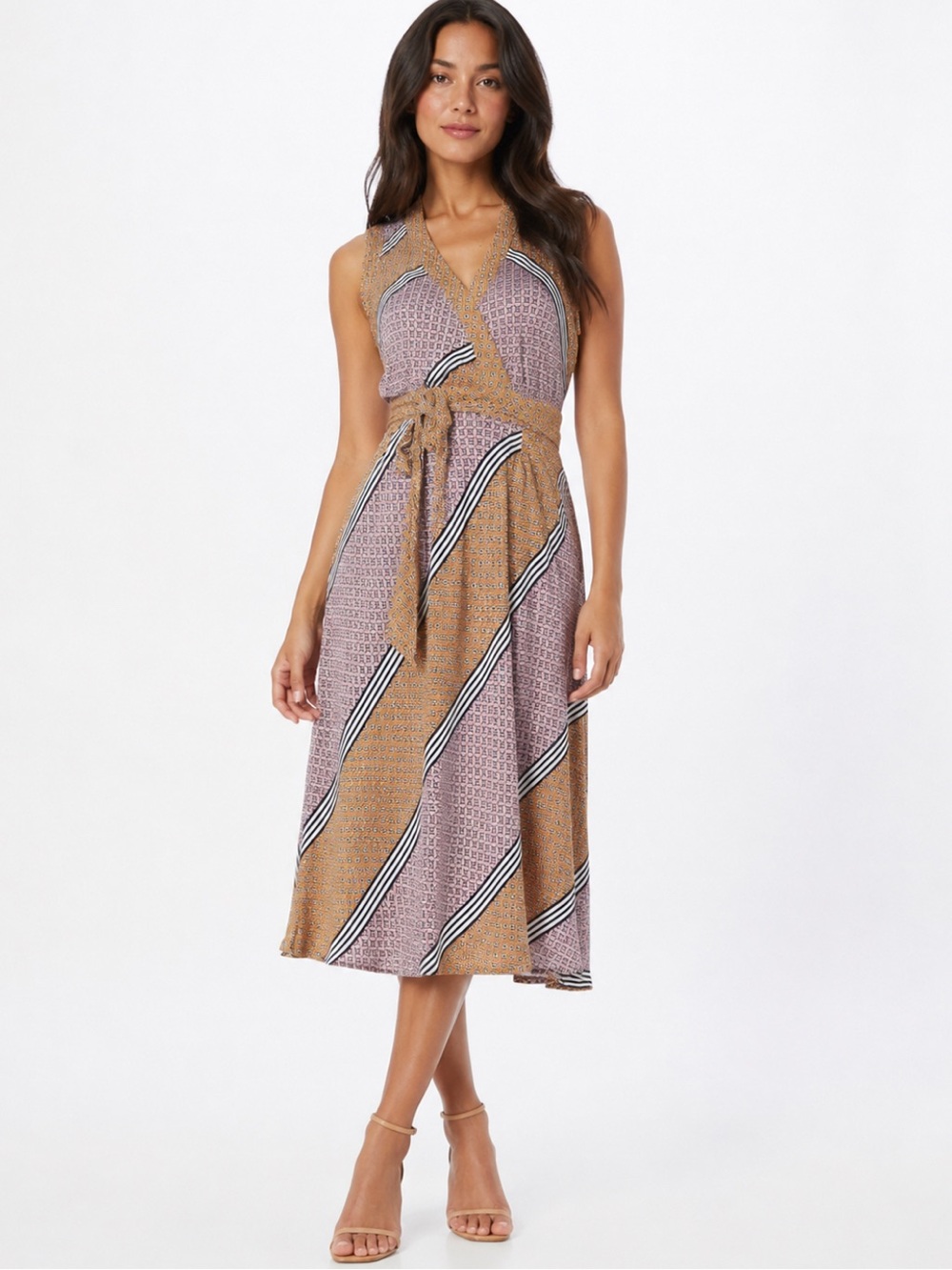 MAEVE by Anthropology Sleeveless Wrap Midi Dress in Mauve and Mustard